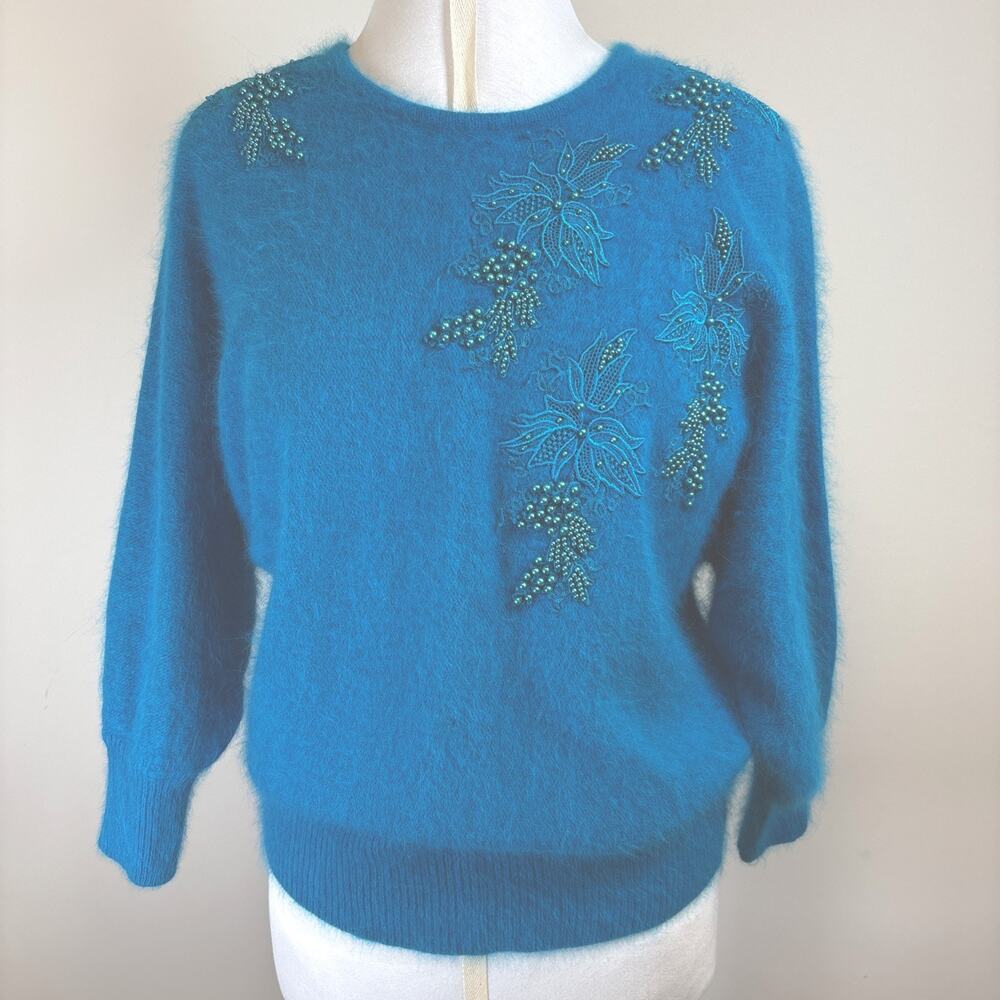 Vintage 80s Angora Sweater Teal Blue  Beaded Floral Appliqué Shoulder Pads  M